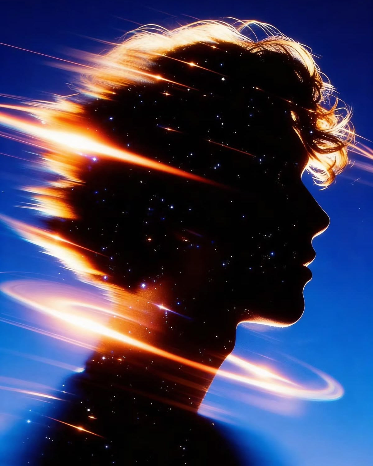 以星空与光轨构成的抽象人物侧影